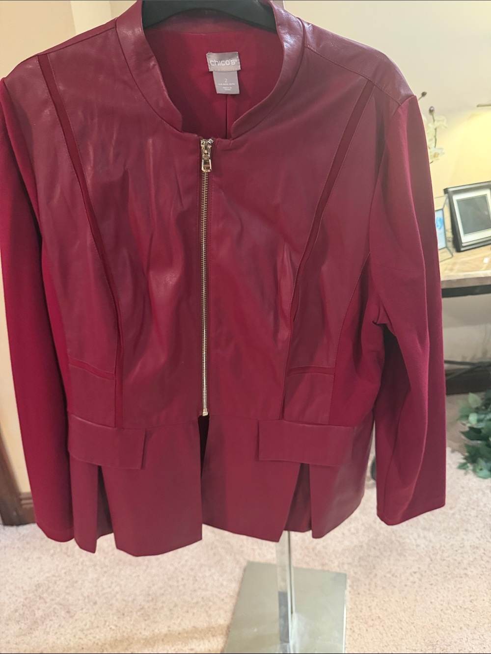 Chico's Deep Red Mixed-Media Zip Jacket